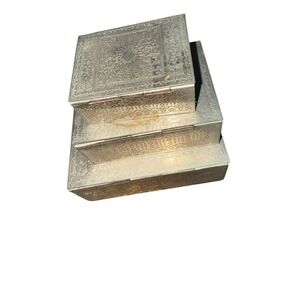 Set of‎ 3 Silver-Plated Vtg Hand Harness Jewelry Boxes red velvet lining glamour